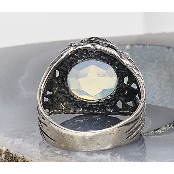 925 Sterling Silver Round Iridescent Stone & Leaf Design Ring SZ 8 - Picture 9 of 11